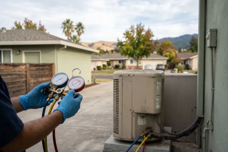 Technician checking refrigerant pressure on an outdoor AC unit