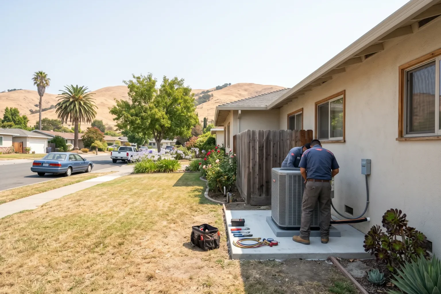 Technicians installing a new outdoor air conditioning unit beside a home